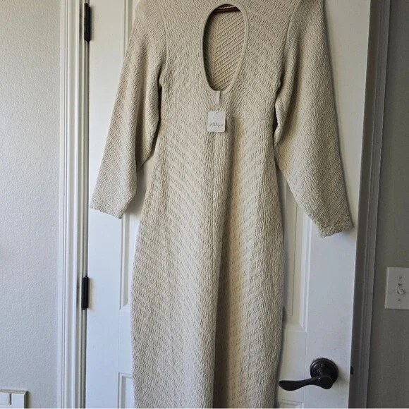 NWT Free People Textured Cottage Knit Midi Dress Neutral Ivory Open Back M/L - Picture 5 of 16